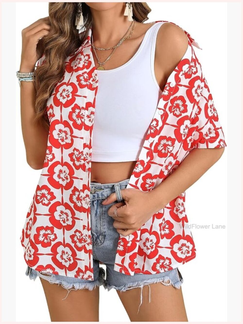 Women's Cotton Button Down Hawaiian Short Sleeve Blouse Top Tunic Shirt